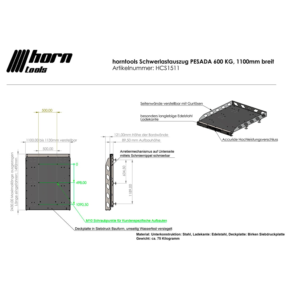 Schwerlast Auszug PESADA 600kg 1500mm x 1100mm für PickUps -